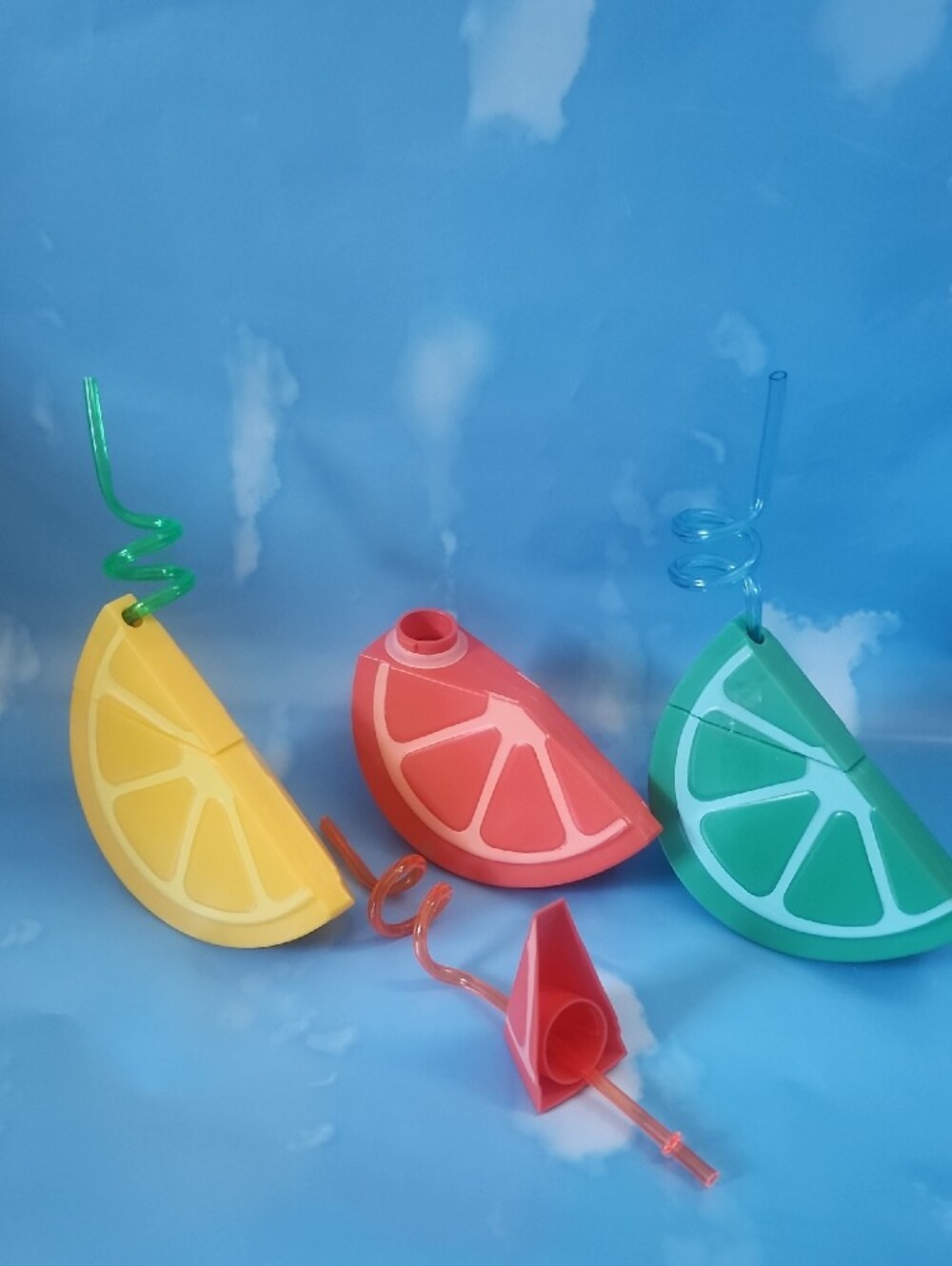 Kids Fruit Slice Water Bottle with Curly Straw - Yellow, Pink, Green